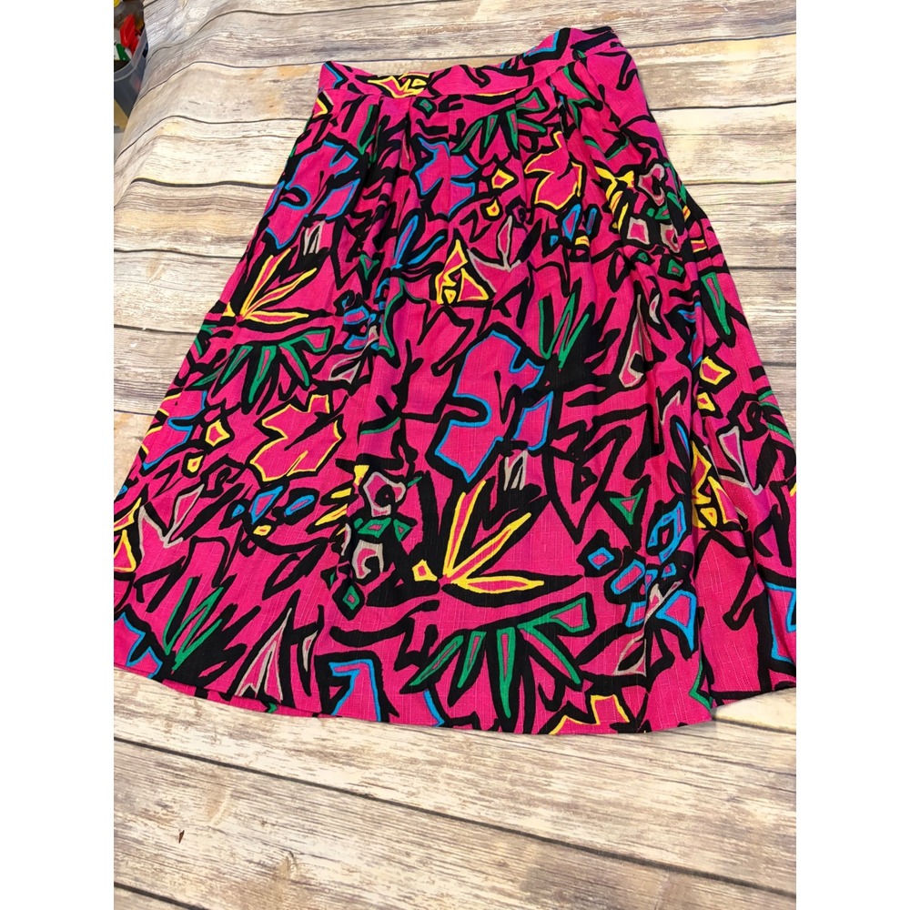 Vintage Worthington 80s Abstract Print Midi Skirt Pink Size 16 Geometric Rayon